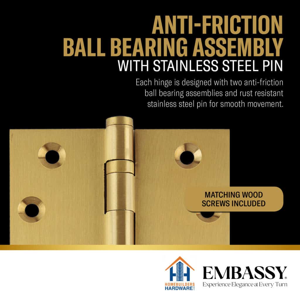 Door Hinge 3.5 x 3.5 Solid Brass Ball Bearing – Satin Brass (US4)